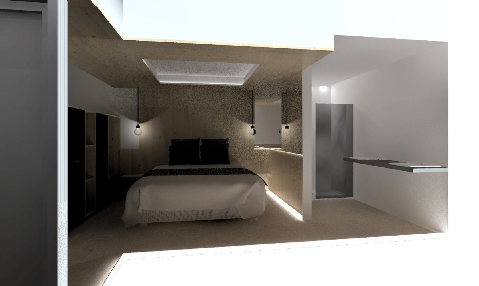 Perspective intérieure d'une chambre aménagée de La Fabrique