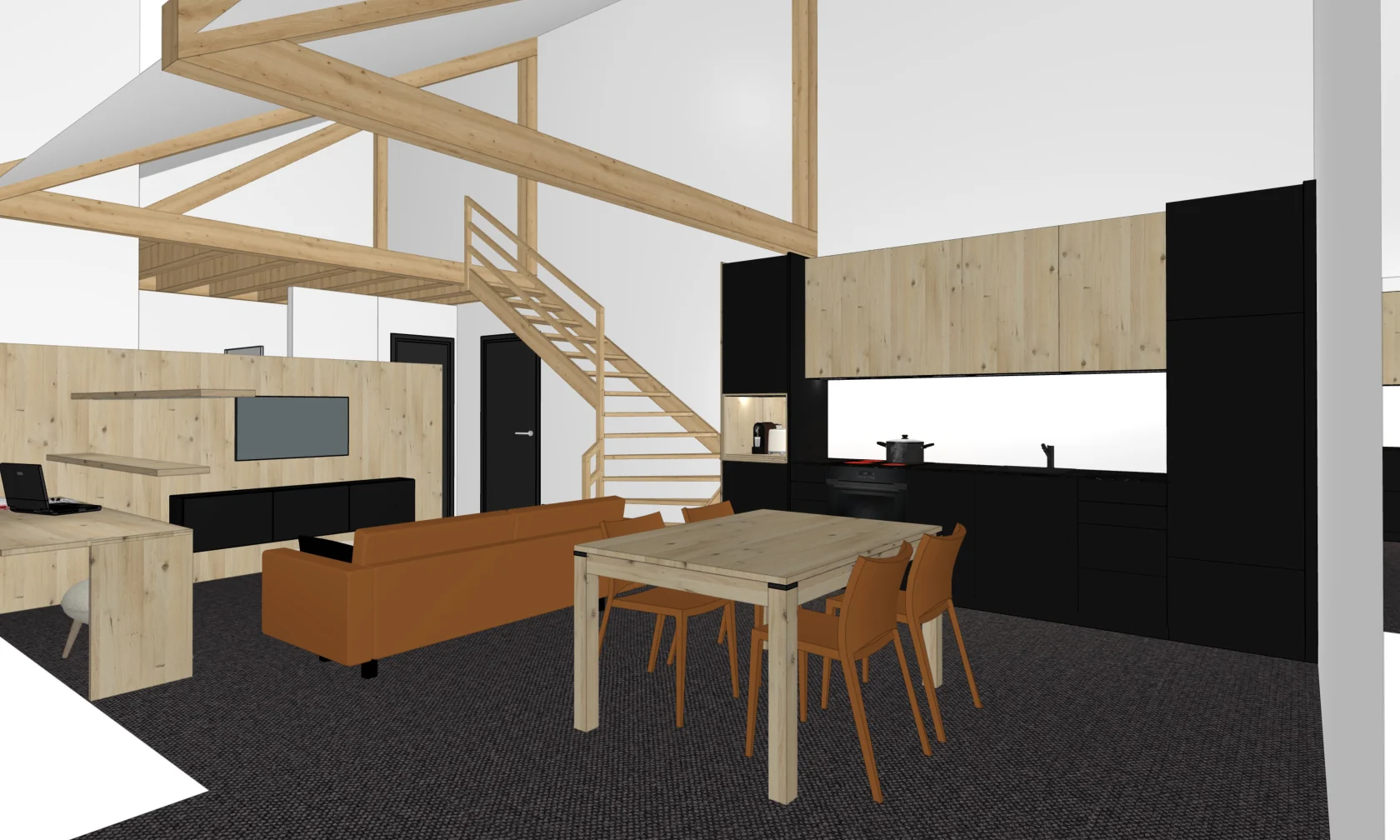 Perspective d'aménagement du loft avec mezzanine, escalier et cuisine
