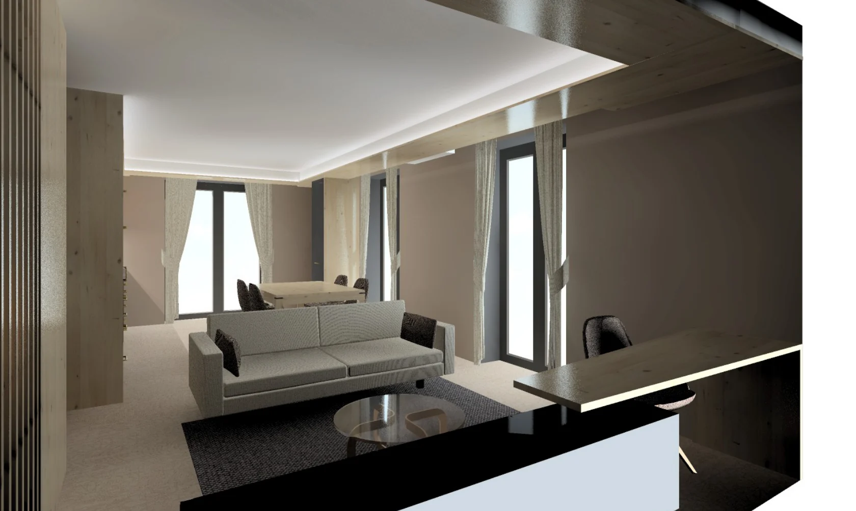 Perspective d'aménagement d'un appartement, avec salon et cuisine